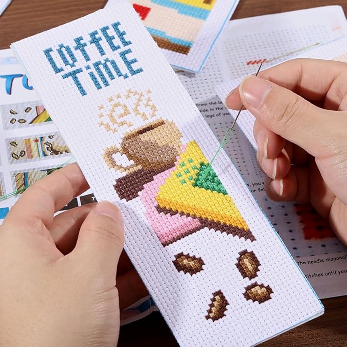 ORIGACH 6 Pcs Cross Stitch Bookmark Kit for Beginner with Backing Felt Floss Instruction Coffee and Books Stamped Embroidery Bookmark Kit for Starters Adults Book Lovers