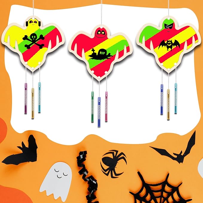 Wooden Ghosts Wind Chime Ornaments Painting Craft,12PCS Unfinished Wood Hanging Decoration,6 Style Cutouts for Adults Olders to Paint DIY Tags Wedding Home Decors Hanging