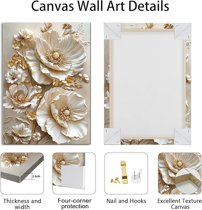 3 Pcs Modern Beige Gold Peony Floral Canvas Wall Art, Neutral Elegant 3d Beige Flowers Wall Painting White Blooming Floral Pictures Posters Art Print Home Decor for Bedroom Living Room Office 20"x28"x3