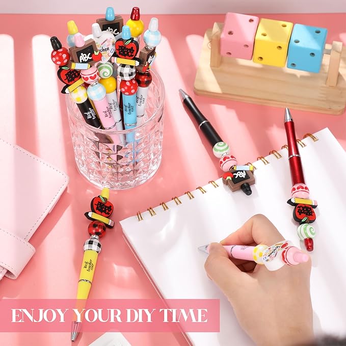 Geyee 12 Set Plastic Beadable Pens Assorted Bead Pens Crystal Wood Round Spacer Set Black Ink DIY Ballpoint for Women Men Gift Office Supplies(Teacher)