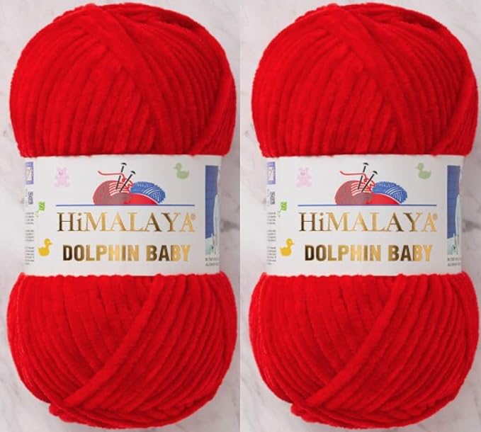2 Skein/Pack Himalaya Dolphin Baby Chenille Yarn, Each Ball 100 gr (3.5 oz), 120 m (132 Yards), 100% Polyester, Super Bulky Baby Blanket Velvet Amigurumi Yarn, 80318 - Red