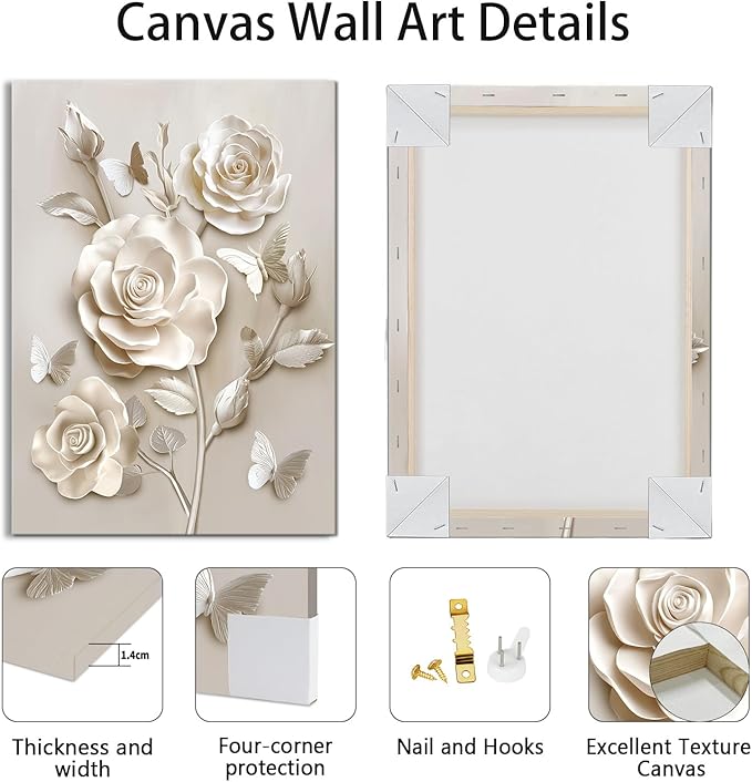 WENGTIAO Beige Flora Canvas Wall Art Neutral Roses Butterflies Wall Print Poster Modern Botanical Minimalist Blossom Painting Picture Elegant Flower Artwork for Living Room Bedroom Bathroom 16x24 inch