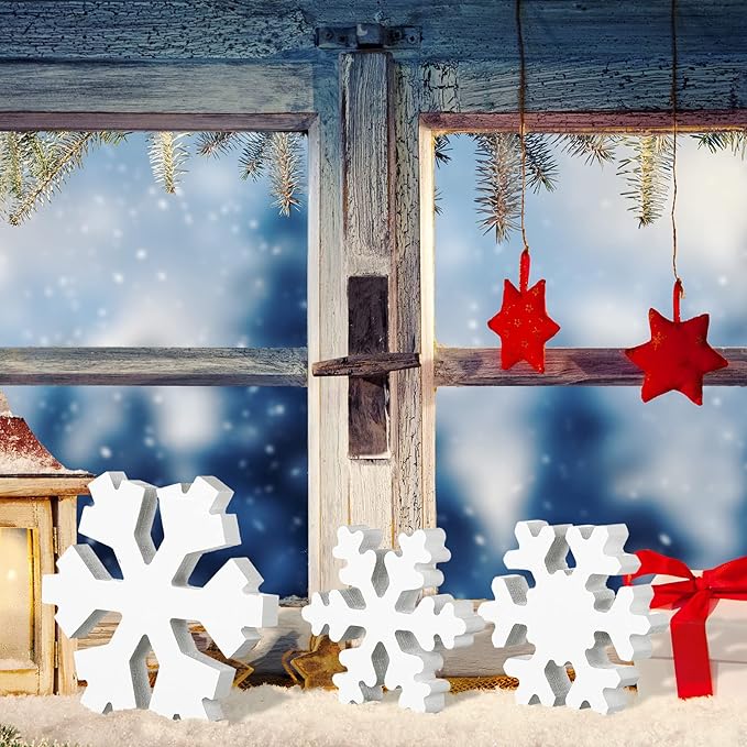 Bucherry 3 Pcs Winter Wooden Snowflake Decor Rustic Winter Snowflake Table Signs Wonderland Wood Blocks Farmhouse Christmas Tiered Tray Decorations for Xmas Table Shelf(White)