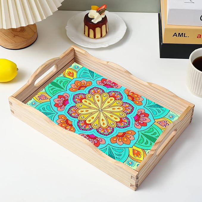 EWJRNSF Diamond Art Kits for Adults Wooden Serving Trays with Handles, 5D Diamond Painting Big Gem Arts and Craft Gifts Trays Decor Gift Home Decor 7.8x11.8 Inches Mandala F