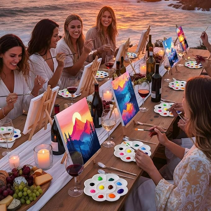 Ctosree Ctosree 72 Pcs Natural Scenery Paint and Sip Kit for Adults 8'' x 10'' Pre Drawn Canvas for Painting DIY Pre Printed Canvas for Party Favor Afro Acrylic Painting Kit Wood Easel Brushes Bulk