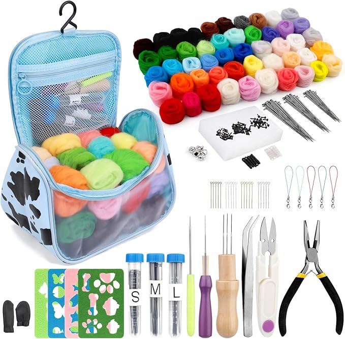 JUPEAN 228 Pcs Needle Felting Kit Wool Felting Tools for Beginner 50 Colors Wool Roving Starter Felting Kit with Felting Needles Foam Mat Needle Felting Supplies Storage Bag for DIY Craft Making
