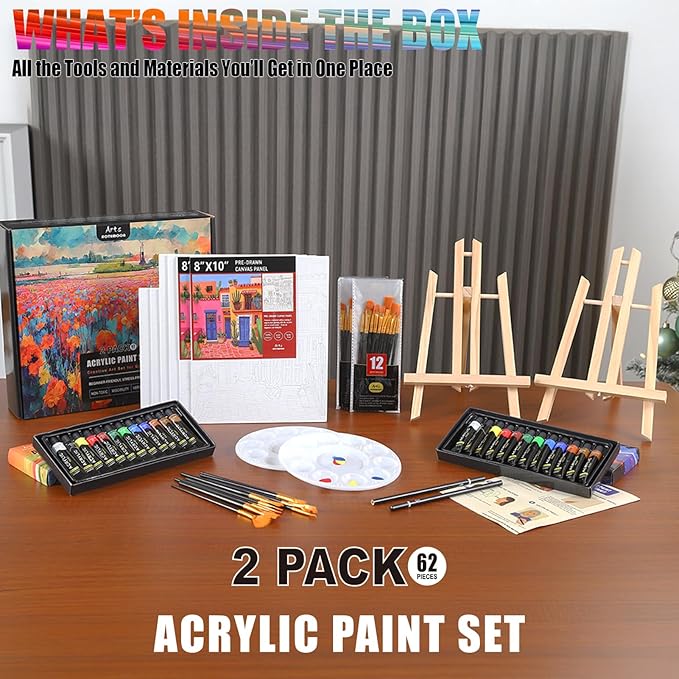 2 Pack Painting Set for Adults or Family Groups, 62 PCS Paint Sets with 2 Table Easels,24 Acrylic Paints,6 Pre-Drawn & Blank Canvases for Painting,24 Brushes,2 Pencils,2 Palettes and Painting Guides