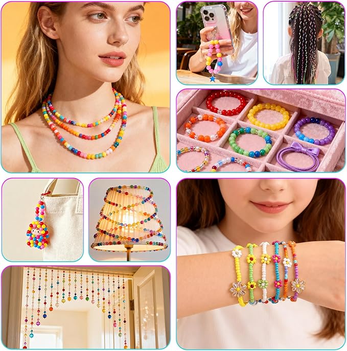 Stretchy Bracelet String Kit with Scissors & Beading Needle, 4 Rolls Elastic String for DIY Crafts, 1mm Stretchy Cord for Jewelry Making Sewing Necklace Beading, 660FT, (Black, White, Rainbow)