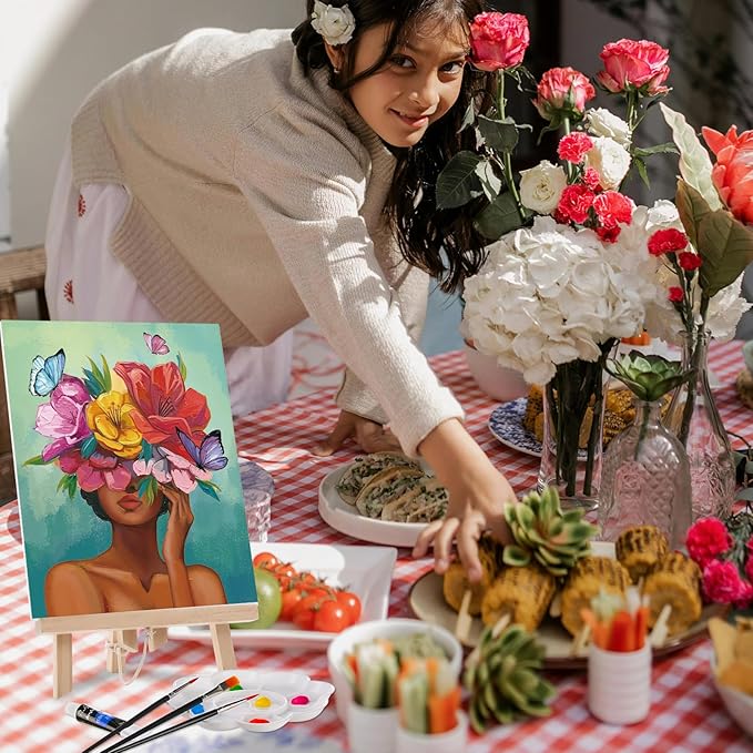 Ctosree 72 Pcs Flower Lady Paint and Sip Kit for Adults 8'' x 10'' Pre Drawn Canvas for Painting DIY Pre Printed Canvas for Party Favor Afro Acrylic Painting Kit Wood Easel Brushes Date Night Bulk