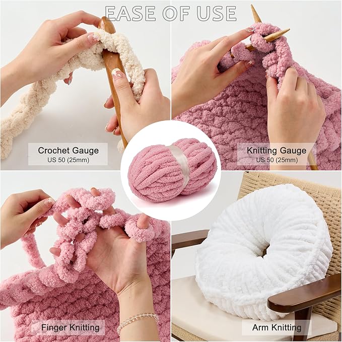 ERLYEEN Chenille Chunky Yarn Super Bulky Soft Thick Fluffy Jumbo Giant Washable Polyester Big Yarn DIY for Arm Knit Blanket Cushion Bed Sofa Home Decor,Leather Pink,1.1LB