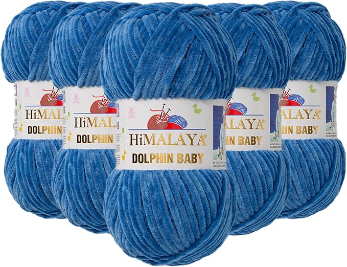 5 Skein/Pack Himalaya Dolphin Baby Chenille Yarn, Each Ball 100 gr (3.5 oz), 120 m (132 Yards), 100% Polyester, Super Bulky Baby Blanket Velvet Amigurumi Yarn, 80341 - Denim Blue