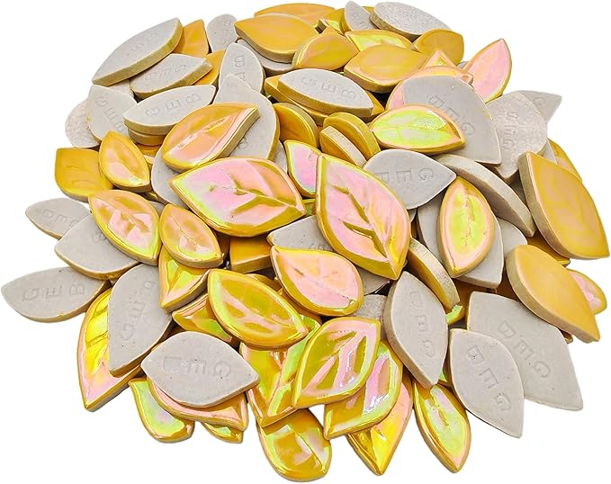 500g/1.1lb Leaf-Shaped Ceramic Mosaic Tiles,Ceramic Mosaic Pieces for Crafts,Mosaic Tiles for Home Decoration or DIY Crafts,Mosaic Making Supplies. (Iridescent Yellow)