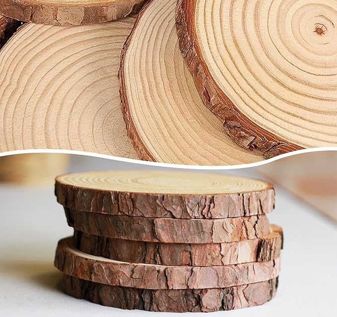 6.5-8 inch Unfinished Wood Slices, 6 Pcs Natural Wood Centerpieces for Tables, Wood Slice with Bark, Rustic Wood Circles for Crafts Arts Party Christmas Decorations Wedding Centerpiece