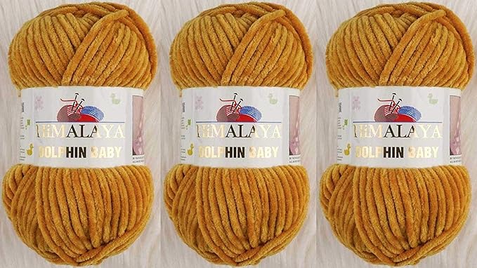 3 Skein/Pack Himalaya Dolphin Baby Chenille Yarn, Each Ball 100 gr (3.5 oz), 120 m (132 Yards), 100% Polyester, Super Bulky Baby Blanket Velvet Amigurumi Yarn, 80330 - Mustard Yellow