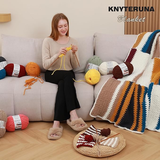 #6 Super Bulky Blanket Yarn for Crocheting - 4 Skeins(Each 10.5oz/300g, 220yds/201m), Chunky Chenille Thick Plush Big Soft Yarn for Crocheting Knitting Blankets, Beige White