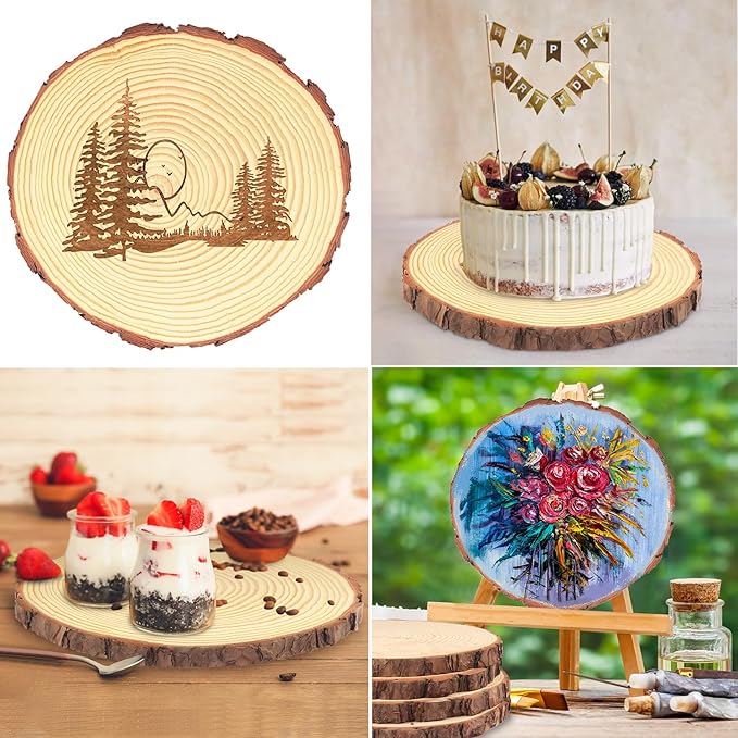 4 PCS 10-12 Inch Natural Wood Slices, Unfinished Pine Wood Circles with Barks for Coasters, DIY Crafts, Christmas Rustic Wedding Ornaments and Centerpieces,by GNIEMCKIN