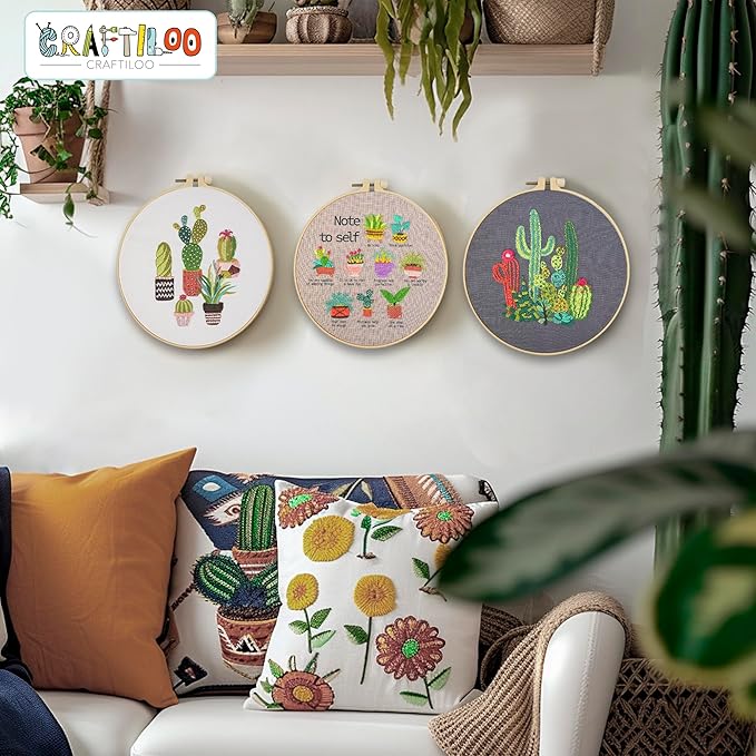 CRAFTILOO Embroidery Kits for Adults Hand Embroidery kit for Beginners with Stamped Embroidery Patterns Starter Embroidery Kit. Needlepoint kit Cross Stitch kit for Teens& Adults Cactus