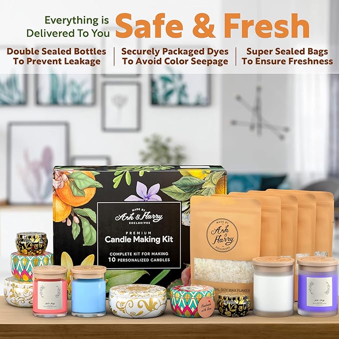 ASH & HARRY Premium Soy Candle Making Kit for Adults, Complete Gift Set with 10 Premium Tins & Jars, DIY Starter Candle Making Supplies, Perfect Home Decorations Holiday Gift Which Makes 10 Candles
