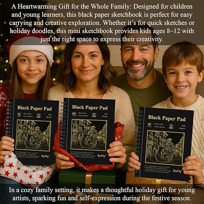 SuFly Black Paper Sketchbook 5.5 x 8.5, 60 Sheets (90lb/150gsm) Artist Papers for Drawing | Black Paper for Colored Pencils & Gel Pens, Artist Supplies, Sketch Books for Teens and Adults.