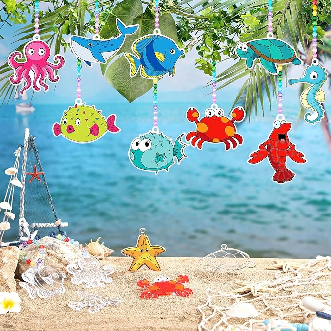 WinnerWhy 30 Sets Marine Animal Suncatchers Window Art Kits, DIY Sun Catchers Bulk Crafts Paint Your Own Window Sea Ocean Animal Ornaments for Adult Home Birthday Activity Party Decor