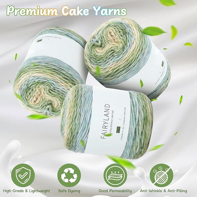 Aeelike Cake Yarn for Crocheting, 3 Skeins Gradient Cake Yarn 100g (3.52 oz) 245m (267 Yards), Super Soft Ombré Yarns Cake Rainbow Cotton Yarn for Making Colorful Crafts, Green Gradient