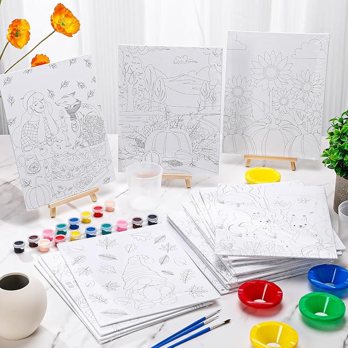 Sherr 140 Pcs 20 Set Thanksgiving Pre Drawn Canvas Kit for Painting Craft Autumn Fall Sip and Paint Kit for Adults Pre Printed Canvas Painting Favor for DIY Gifts Adult's Date Party, 8 x 10 Inches
