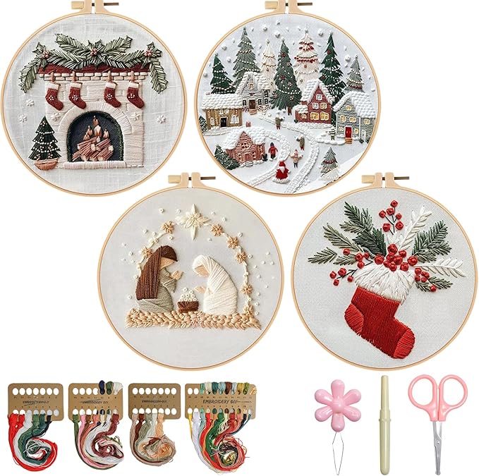 TPZBWG Christmas Embroidery Kit, 4 Pack Cross Stitch Kits,DIY Embroidery Starter Kit for Adults & Beginners, DIY Needlepoint Kit with Embroidery Hoop Thread Needle for Craft Lover Birthday Gifts 2