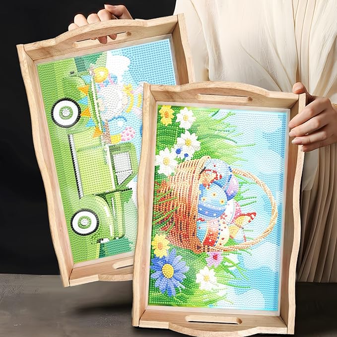 DIY Art Painting Wooden Tray Kit With Handle, Diamond Painted Table Decoration for Breakfast, Bar Dinner Table, Diamond Dots Gem Painting Art Set for Beginners (#37-Easter Eggs)