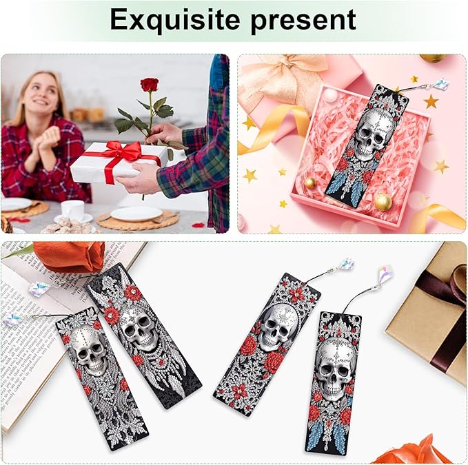 4 Pcs DIY 5D Diamond Painting Bookmark Kit - Special Shaped Crystal Rhinestones, Rose Skull Diamond Art Bookmarks with Crystal Pendant Tassels, Handmade Decorative Bookmarks Gift Set for Book Lovers