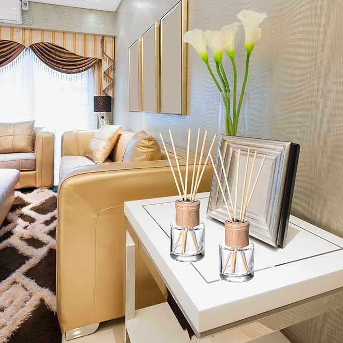 Roshtia 50 Set Reed Diffuser Bottle Empty Refillable Fragrance Glass Diffuser Bottles Set with Wooden Caps Sticks 50ml 1.7 oz Round Glass Jars for DIY Fragrance