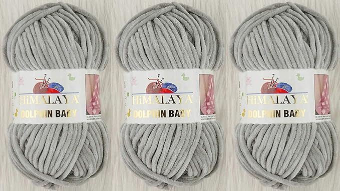 3 Skein/Pack Himalaya Dolphin Baby Chenille Yarn, Each Ball 100 gr (3.5 oz), 120 m (132 Yards), 100% Polyester, Super Bulky Baby Blanket Velvet Amigurumi Yarn, 80357 - Gray