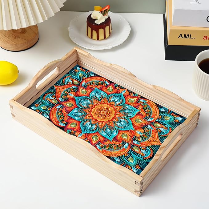 EWJRNSF Diamond Art Kits for Adults Wooden Serving Trays with Handles, 5D Diamond Painting Big Gem Arts and Craft Gifts Trays Decor Gift Home Decor 7.8x11.8 Inches Mandala E