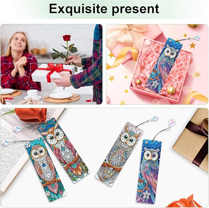 4 Pcs Diamond Painting Bookmarks, Owl DIY 5D Special Shaped Rhinestone Bookmark Kits for Adults, Handmade Diamond Art Bookmark with Tassel Pendant for Reading Gifts
