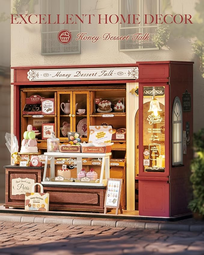 Rolife DIY Dollhouse Miniature House Kit 1:18 Vintage French Dessert Shop, Wooden Diorama Model Kit Mini House to Build with LED, Arts and Crafts for Adults Home Decor Creative Gift for Boys Girls