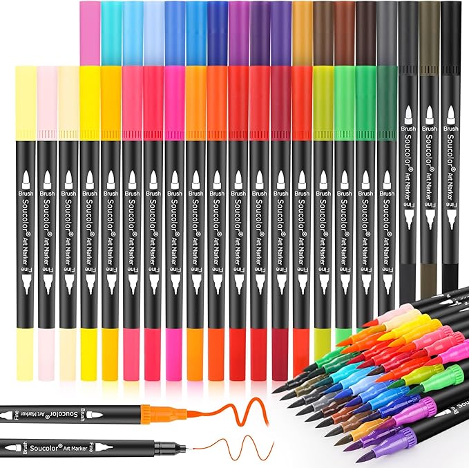 Soucolor Art Brush Markers Pens for Adult Coloring Books, 36 Colors Numbered Dual Tip (Brush and Fine Point) Marker Pen for Note taking Planner Hand Lettering Calligraphy Drawing Journaling