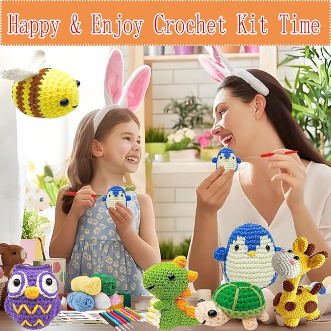 6PCS Crochet Kit for Beginners, Beginners Knitting Kit for Adults, Cute Animals Complete Starter Kit with Step-by-Step Video Tutorials and Instructions, Christmas Gifts for Adults and Friends