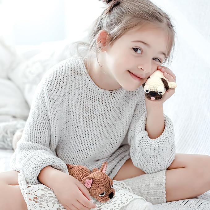 Crochet Kit for Beginners- 2 PCS Pug and French Bulldog Crochet Kits for Adults, 2PCS Sleeping Dog Crochet Kit with Step-by-Step Video Tutorials,Crochet Hook, Instructions DIY Knitting Kit