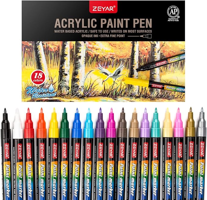 ZEYAR Premium Acrylic Paint Pen, Water Based, Extra Fine Point, 18 Colors, Odorless, Acid Free and Safe, Opaque Ink, Environmental Friendly, AP Certified