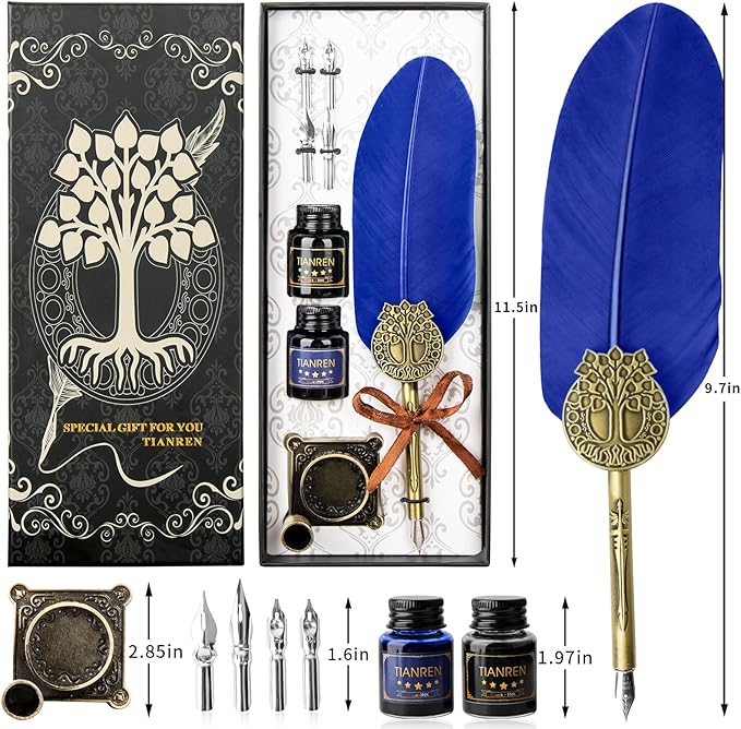 TIANREN Quill pen ink set,Feather Pen and Ink Set,Antique Calligraphy Pen with 4 Replaceable Nibs,2 Bottle of ink,Feather Dip Pen Holder Christmas Gift for Men&Women.(Blue)