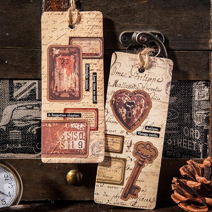 AuriicLeaf Vintage Kraft Paper Sticker Set, 96PCS Retro Scrapbook Supplies for Journaling and Crafts, Includes Keys, Padlocks, Signs, Labels, Frames, Number Plates