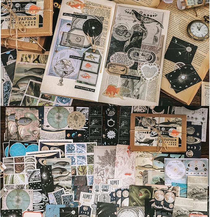 Esweny 200 Pieces Vintage Ephemera Scrapbooking Supplies Pack for Journaling, Decoupage Paper Scrapbook Stickers Kit for Junk Journal Planners Collage Craft Notebooks Album (Space and Sea)