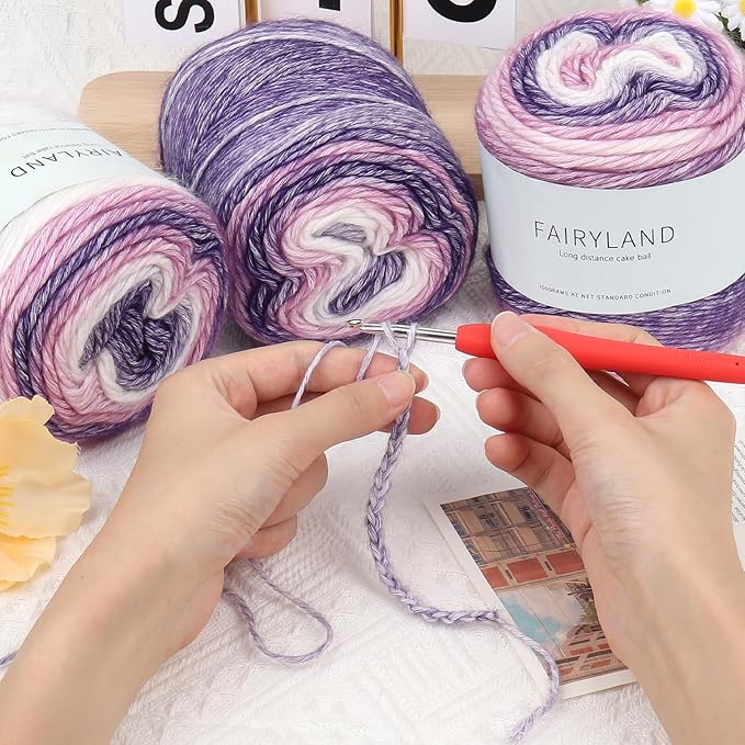 Aeelike Cake Yarn for Crocheting, 6 Skeins Gradient Yarn Fairyland Yarns100g (3.52 oz) 245m (267 Yards) # 3 Light Weight, Super Soft Ombré Yarns Making Colorful Blanket Scarves Hat, Purple Gradient
