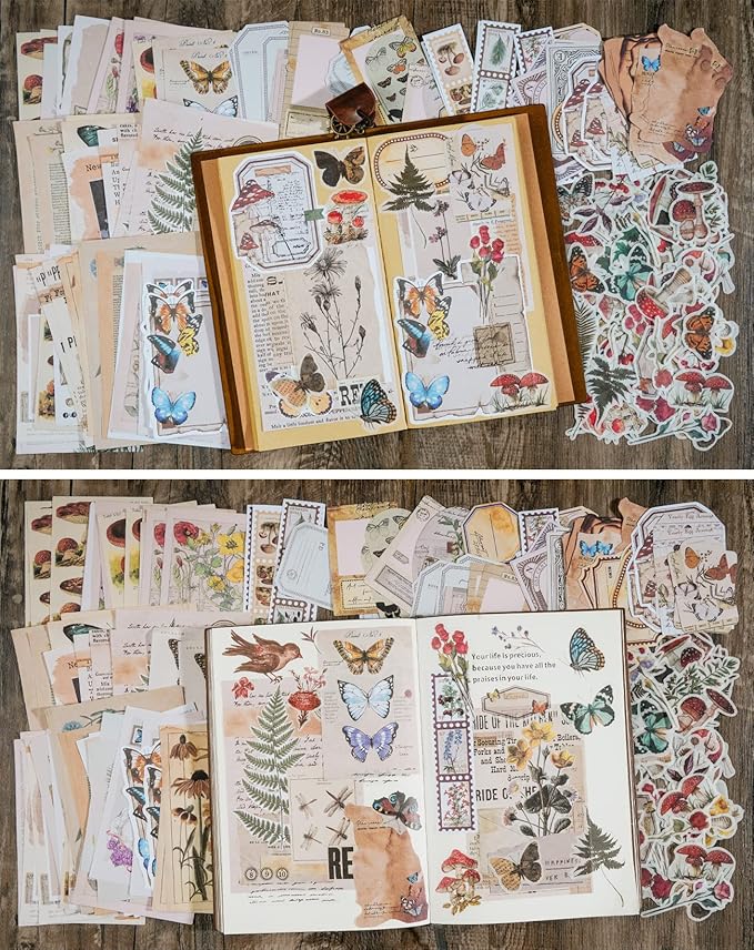 Knaid Vintage Scrapbook Supplies Pack (200 Pieces) for Junk Journal Bullet Journals Planners Botanical Paper Stickers Craft Kits Aesthetic Cottagecore Collage Album (Nature)