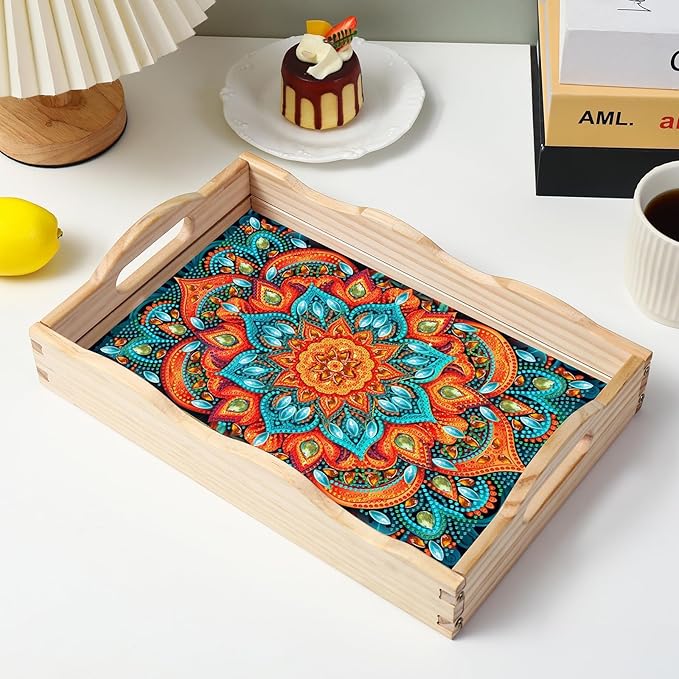 EWJRNSF Diamond Art Kits for Adults Wooden Serving Trays with Handles, 5D Diamond Painting Big Gem Arts and Craft Gifts Trays Decor Gift Home Decor 9.8x13.8 Inches Mandala E