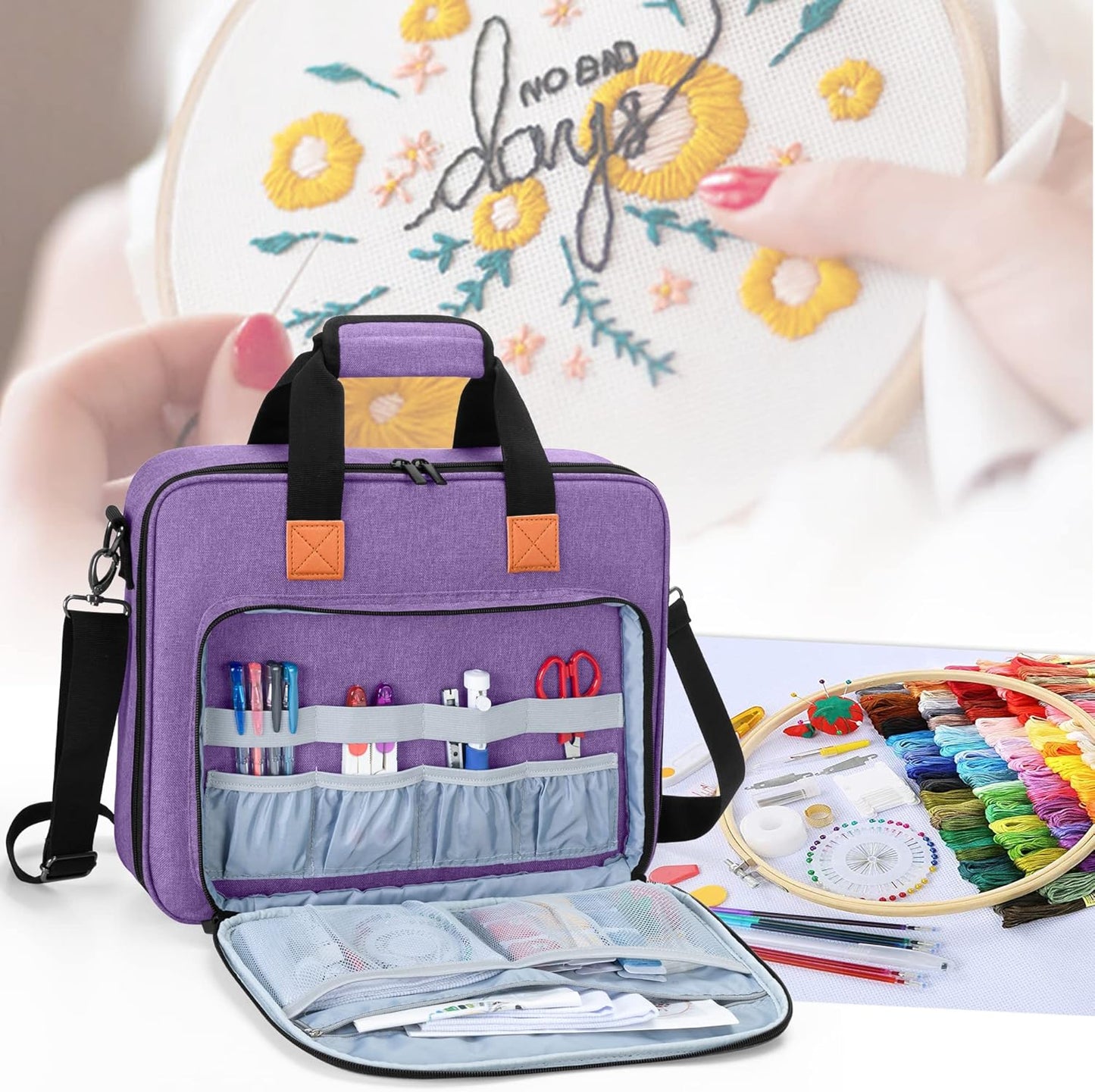 Luxja Embroidery Project Bag with Compartments & Shoulder Strap (Purple)