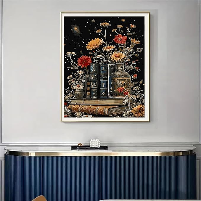 DFPSCLLA Paint by Numbers for Adults, Vintage Books and Flowers DIY Paint by Numbers Acrylic Paint Canvas, Painting Kits Art on Canvas for Home Wall Art 16x20 Inch(Without Frame)