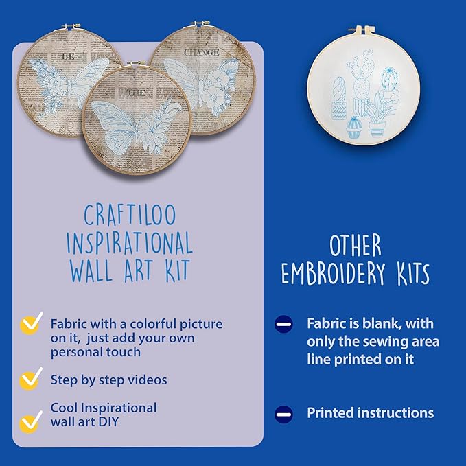 CRAFTILOO Embroidery Kits for Adults Hand Embroidery kit for Beginners with Stamped Embroidery Patterns Starter Embroidery Kit. Needlepoint kit Cross Stitch kit for Teens& Adults Butterflies