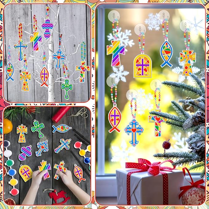 WinnerWhy 30 Sets Easter Christian Ornaments Kits Bulk, DIY Cross Suncatchers Window Art Religious Crafts Paint Your Own Cross Window Home Ornaments for Party Decor