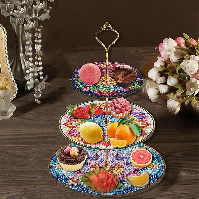 Three-Tier Diamond Painting Wooden Cake Stand DIY Sunflower Diamond Painting Cupcake Towel-Lined Tiered Tray Reusable Pastry Stand (Datura Flower)