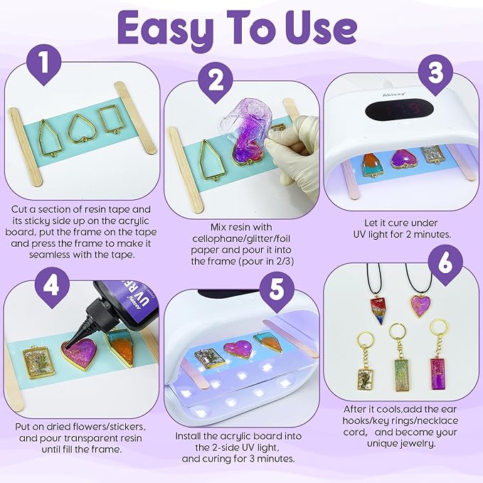 Akisey UV Resin Jewelry Making Kit, 200g Clear UV Resin Glue with Two-Sided Light & Molds, Starter Kit for Making Jewelry, Earring, Necklaces, Keychains